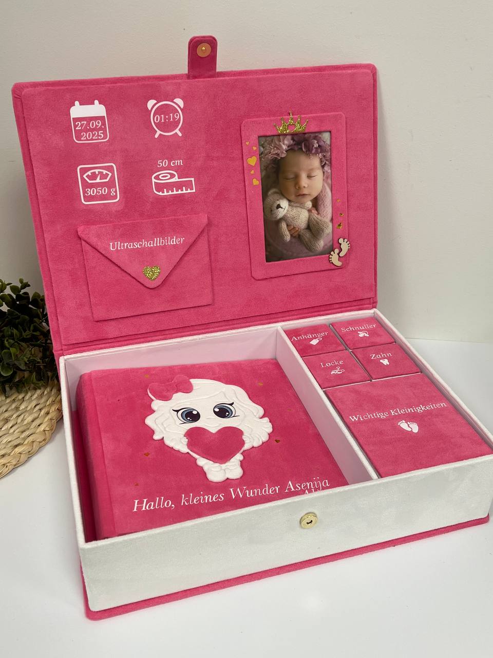 🎁 Erinnerungsbox „Asenija" — geöffnet, komplettes Set
